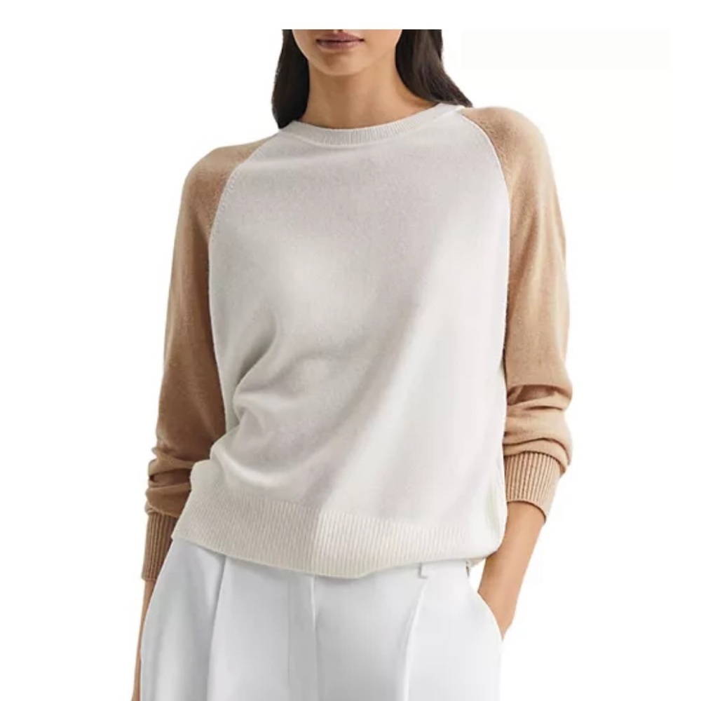 Reiss Audrey Knitted White and Tan Crew Neck Sweater
